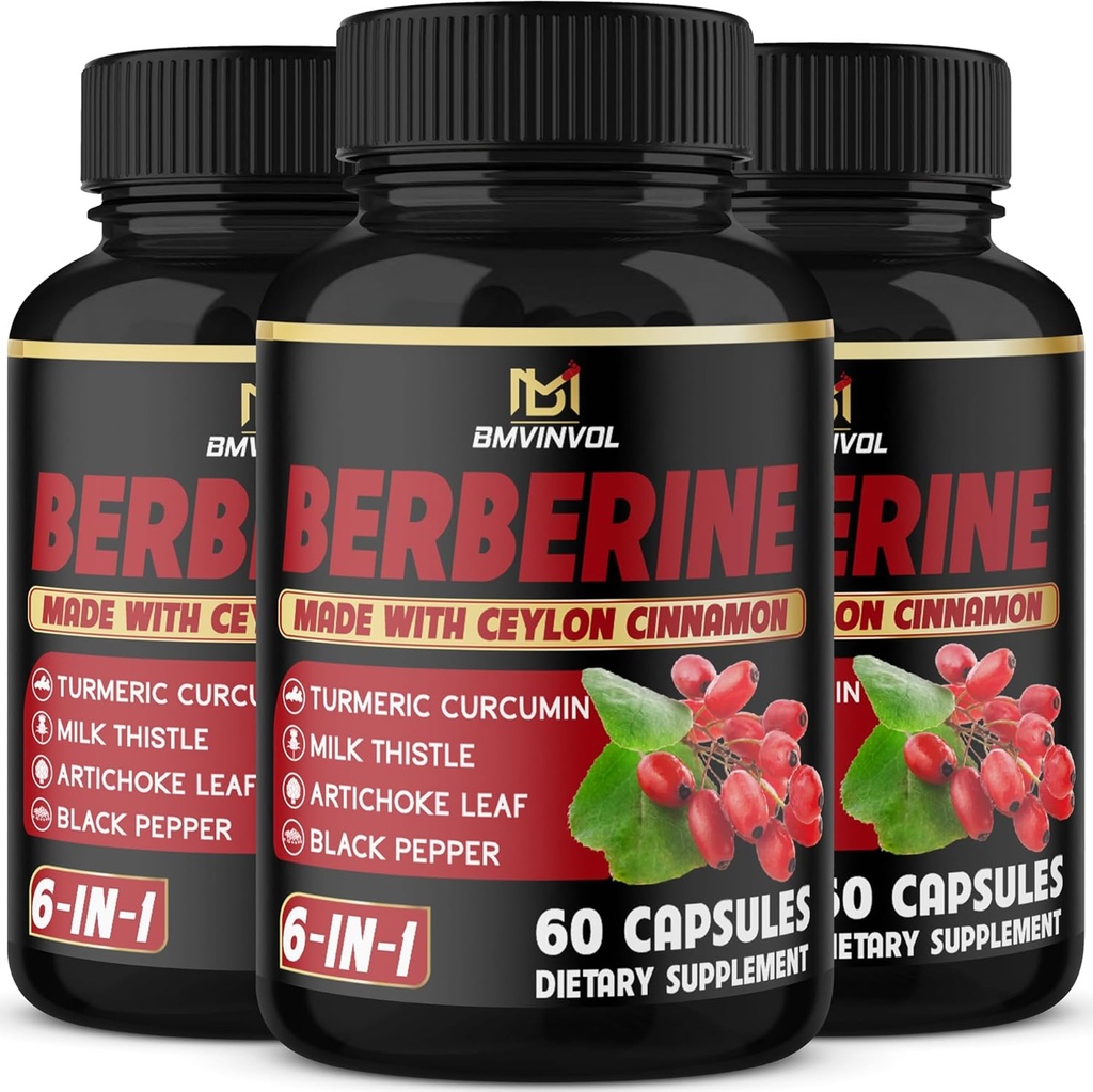 Berberine Supplement with Ceylon Cinnamon, Milk Thistle, Turmeric, Artichoke Leaf, Black Pepper - 6 Month Supply - 180 Capsules