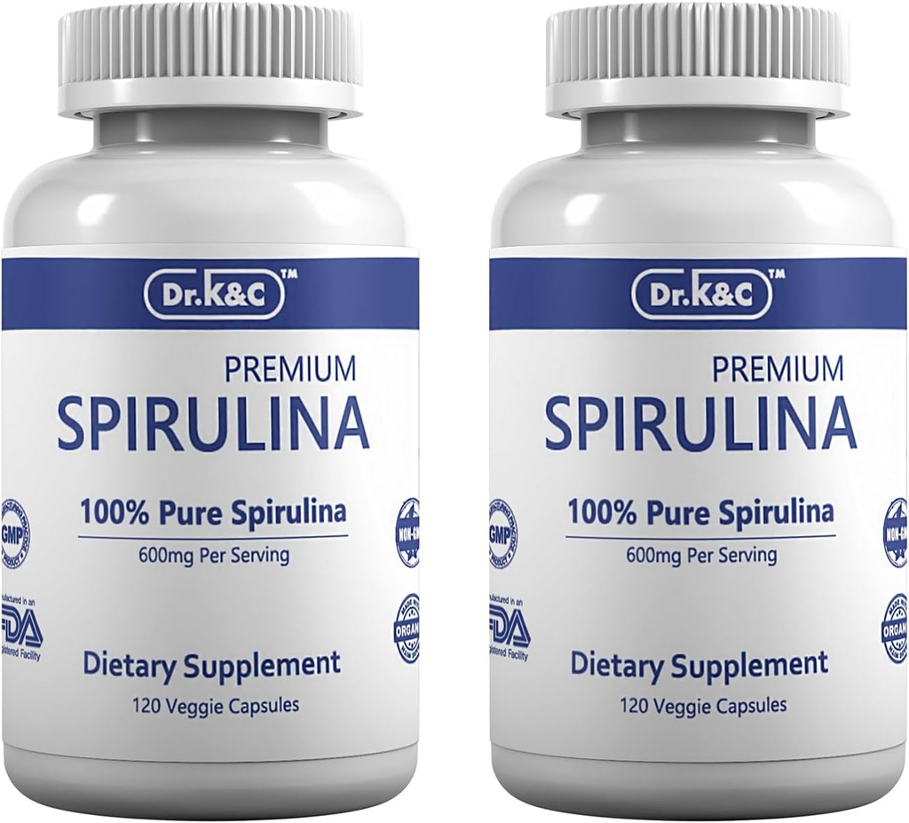 Organic Spirulina Superfood Supplement Capsules - 600mg Blue Green Microalgae for Immune System & Antioxidants - Vegan, Non-GMO, 240 Capsules (2 Pack)
