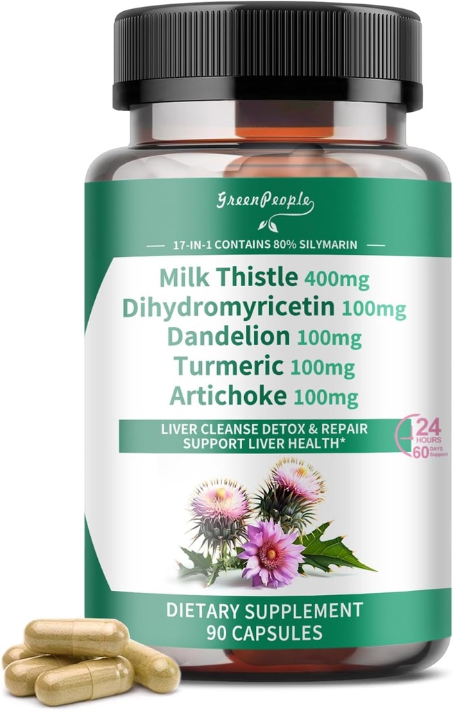 90PCS GreenPeople Liver Cleanse Detox Capsules with Milk Thistle, Dandelion, Artichoke, DHM, Turmeric, Vitamin B12 - Liver Support Supplement for Detox & Repair