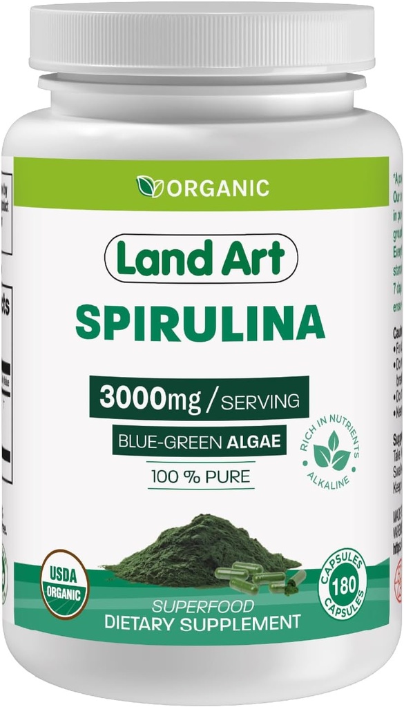 Certified Organic Spirulina Capsules - 180 Count - Vegan Superfood with Rich Minerals, Vitamins, and Proteins