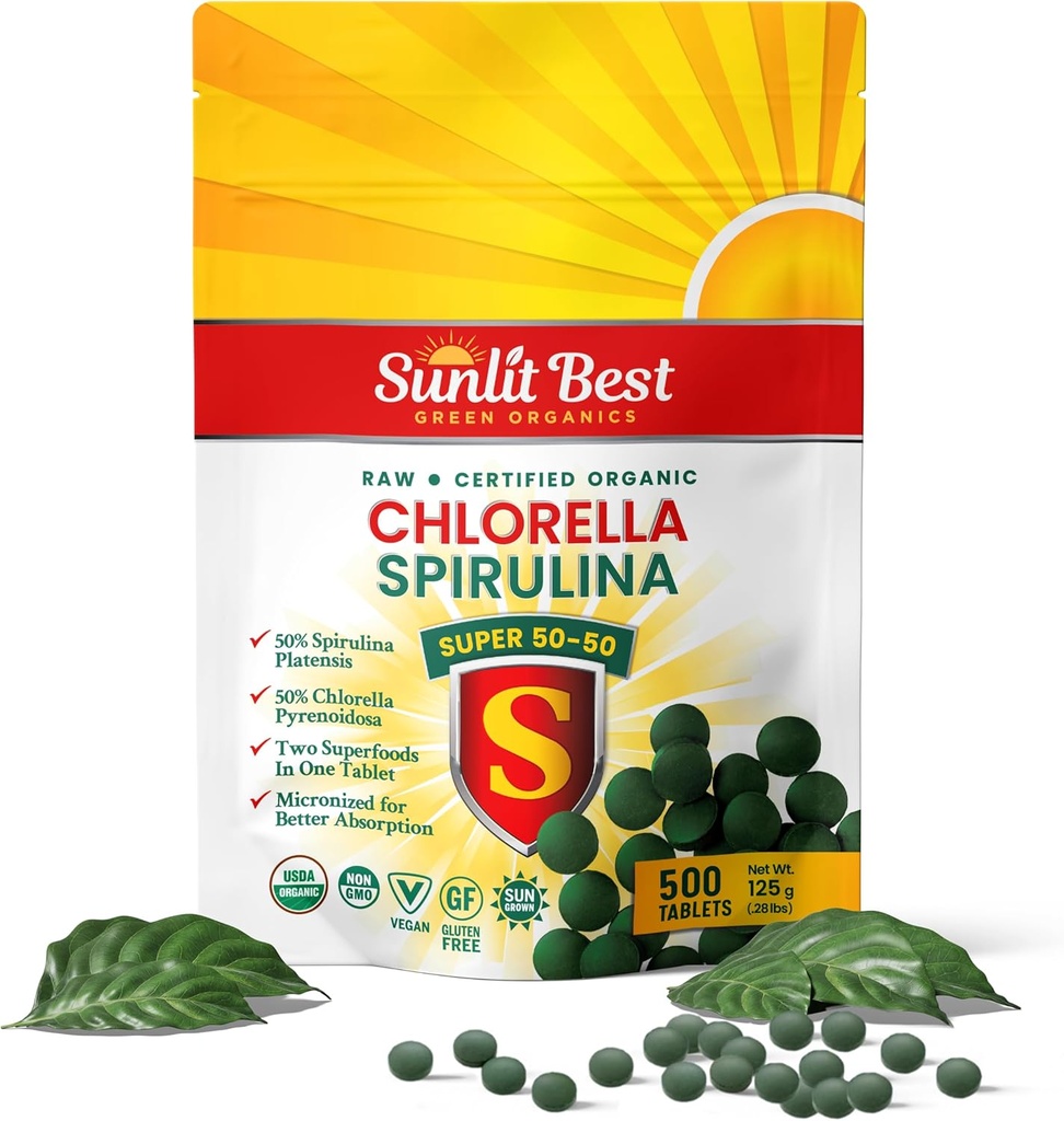 Organic Sunlit Green Chlorella Spirulina Tablets - Immune & Gut Support, Mood Boost - Rich in Chlorophyll & Amino Acids, 500 Tabs