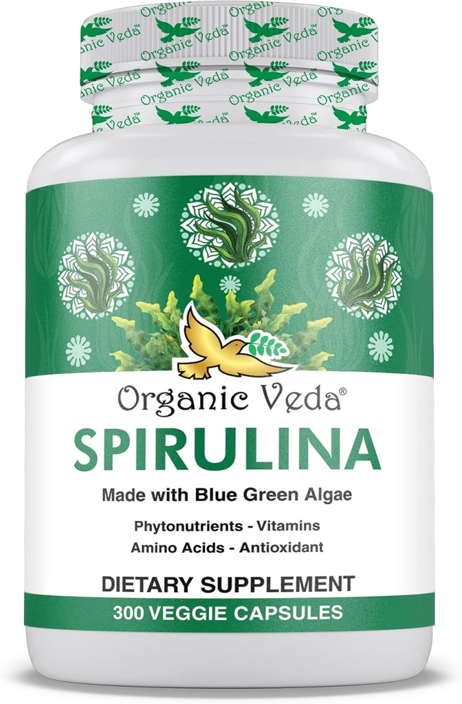 1500mg Organic Veda Spirulina Capsules - Green Superfood Supplement - Nutrient-Rich Blue-Green Algae - 300 Vegan Capsules