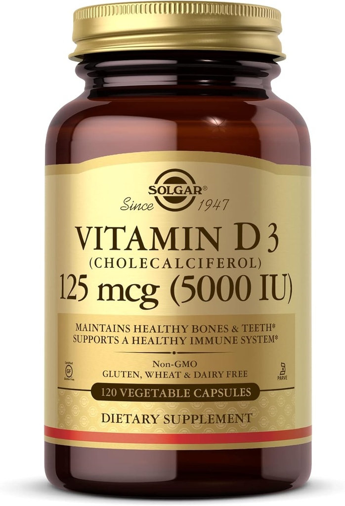 Solgar Vitamin D3 5000 IU 120 Vegetable Capsules - Non-GMO, Gluten-Free, Dairy-Free, Kosher