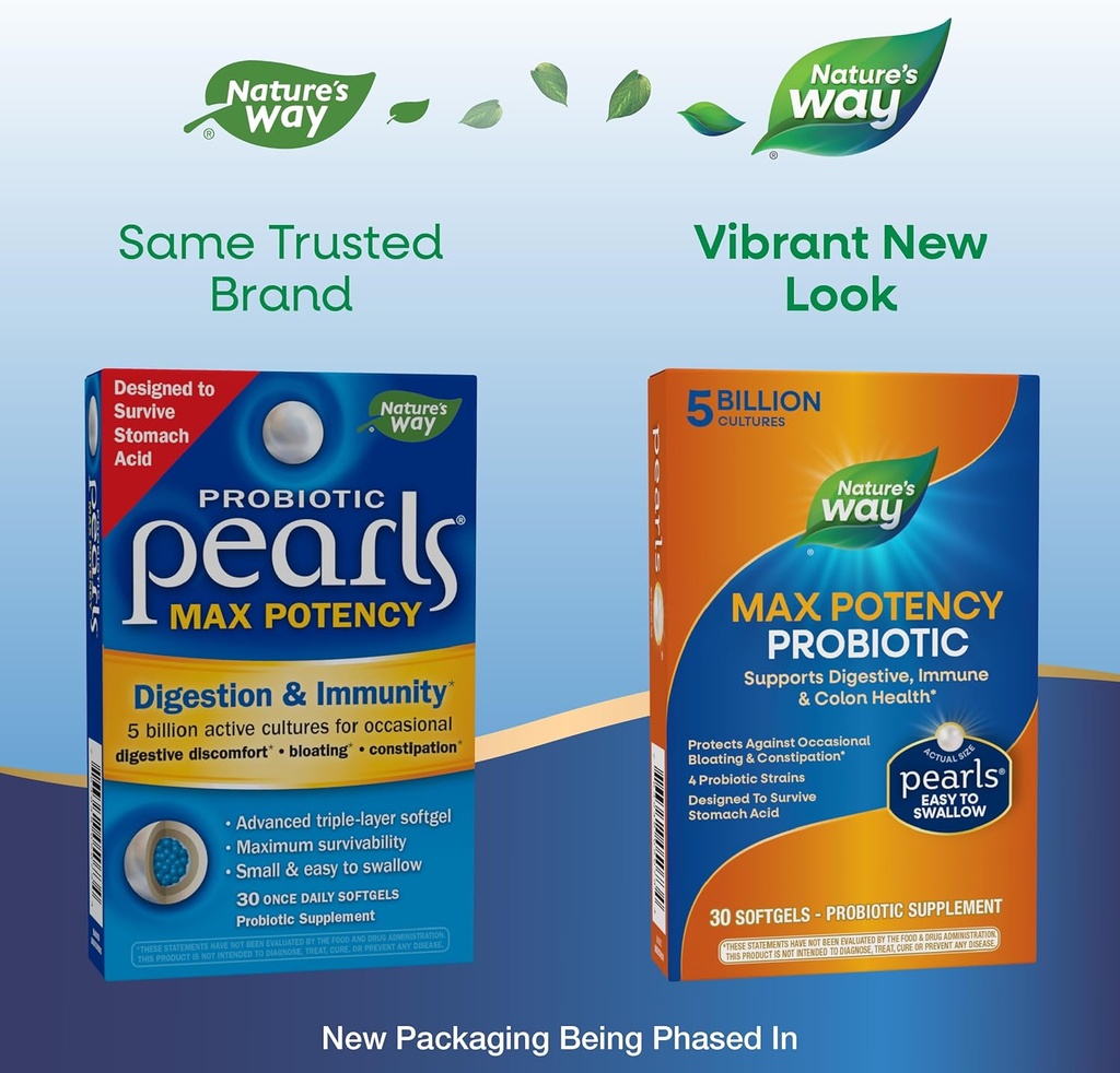 Nature's Way Max Potency Probiotic Pearls - Supports Digestive, Immune, Colon Health - 5 Billion Live Cultures - 30 Softgels x 2 Pack