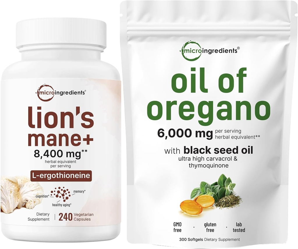 300 Count Oil of Oregano Softgels & 240 Lions Mane Capsules Bundle - Superfood Mushroom Antioxidants with Carvacrol & Thymoquinone