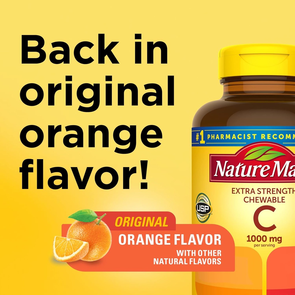 Nature Made Extra Strength Chewable Vitamin C 1000 mg Tablets for Immune Support - 90 Tablets x 2 Pack, 45 Day Supply