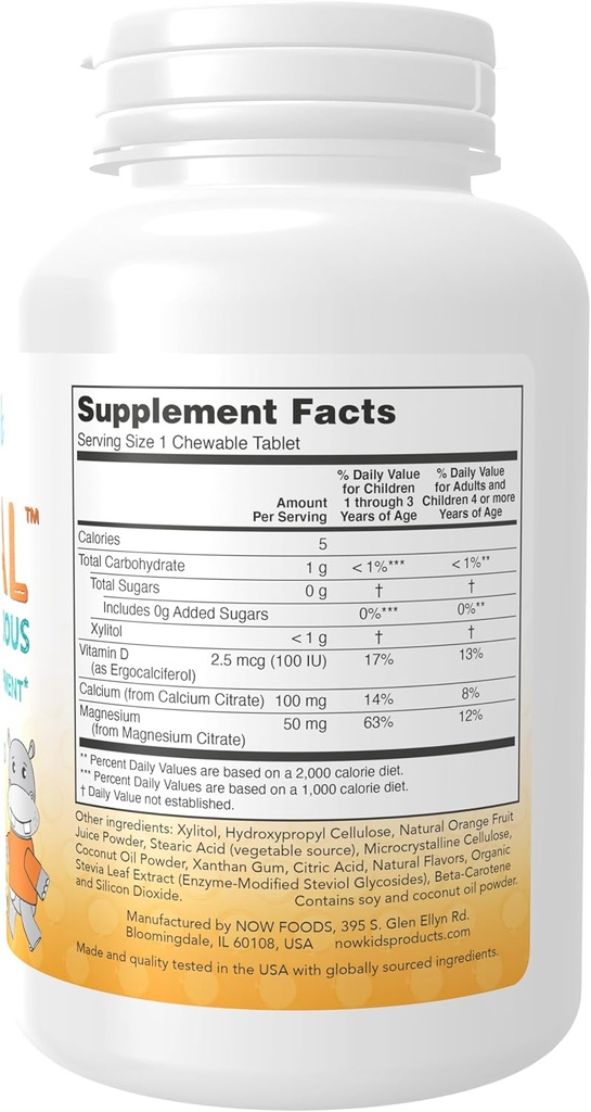 NOW Foods Kid Cal Chewables with Calcium Citrate, Magnesium, Vitamin D - Tart Orange Flavor - 100 Count x 2 Pack