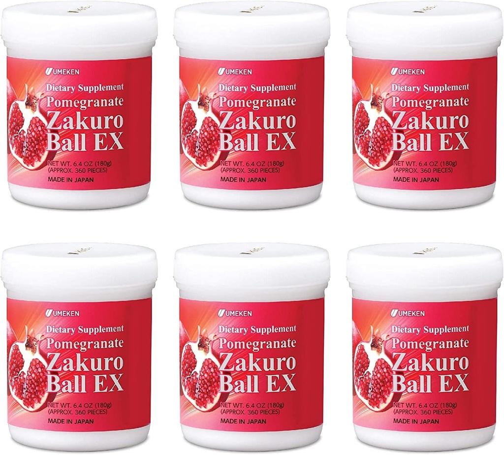 Umeken Pomegranate Chewable Supplement for Women, 360 Count, 1 Year Supply, Japanese Pomegranate Balls with Natural Vitamins, Minerals, Citric Acids & Tannins, Pack of 6 Bottles