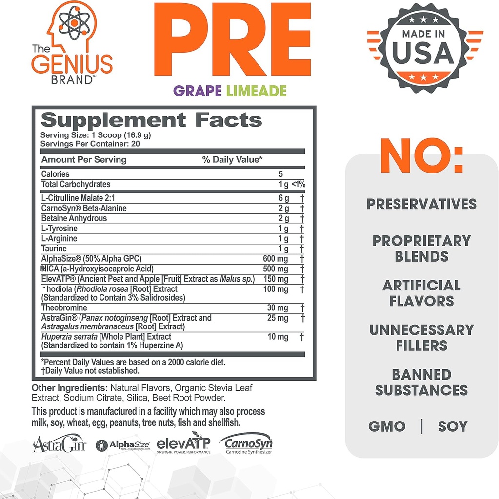 Genius Brand Pre Workout Powder & Micronized Creatine Stack - Grape Flavor & Natural Nootropic Supplement