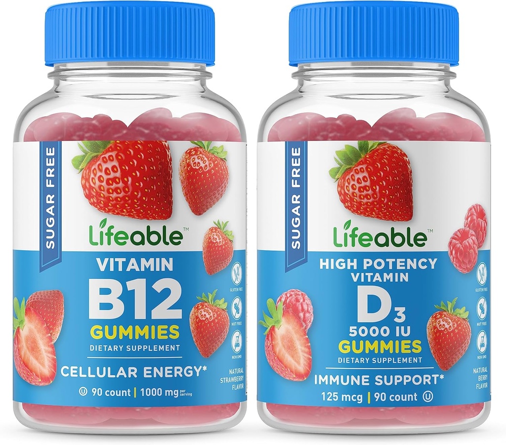 Sugar Free Vitamin B12 + Vitamin D 5000 IU Gummies Bundle - Tasty Vitamin Supplement, Gluten-Free & GMO-Free Chewables