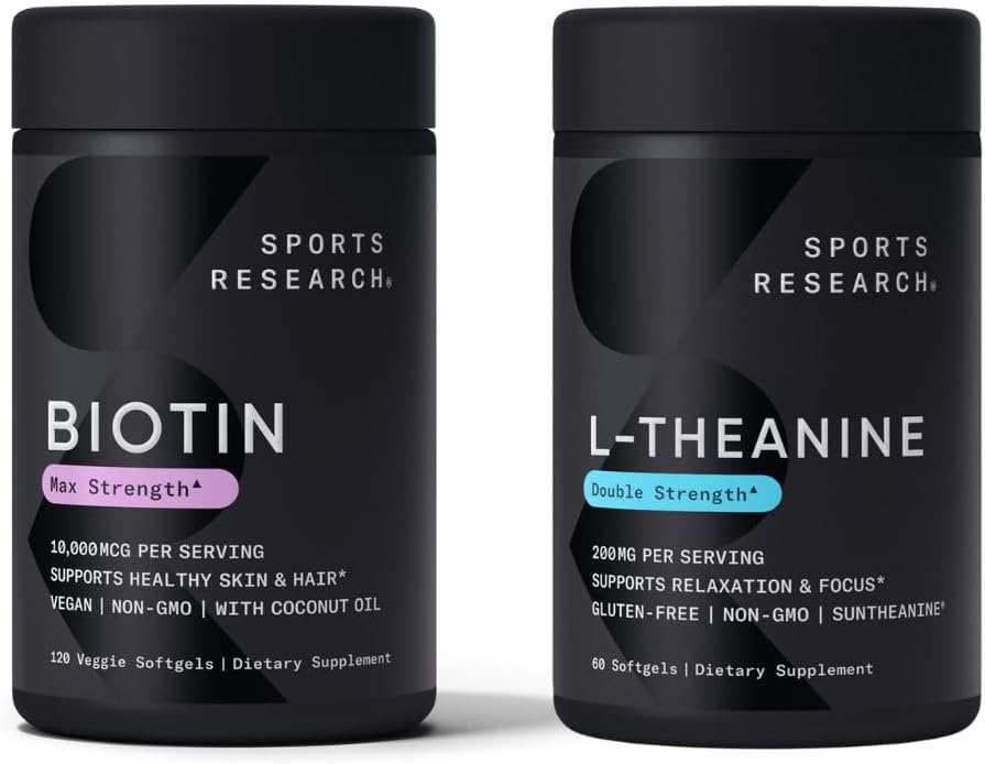 Vegan Biotin 10,000mcg with Coconut Oil Softgels & L-Theanine Supplement 200mg for Focus & Relaxation - 4 Month Supply