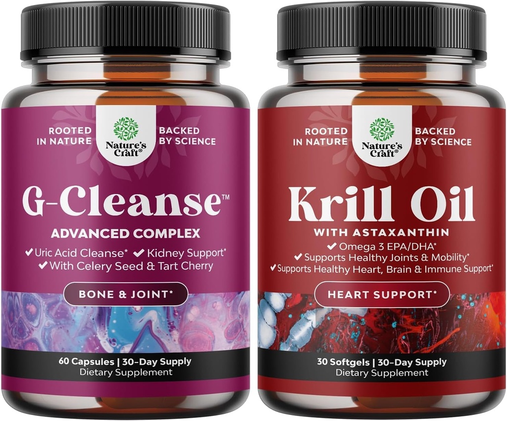 Natures Craft Bundle: GCleanse Uric Acid & Antarctic Krill Oil - Liver & Kidney Detox - High Absorption Omega 3 Supplement
