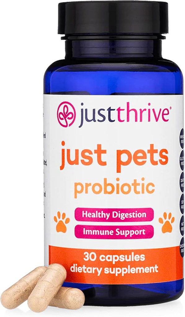 Just Thrive Just Pets Probiotic - 4 Billion CFUs Daily Digestive Probiotics for Dogs and Cats - 30 Capsules