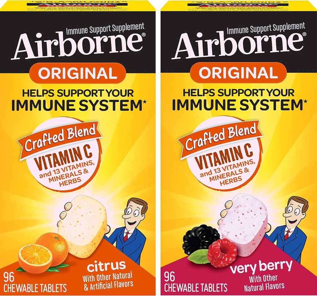 Bundle of 192 Airborne 1000mg Vitamin C Chewable Tablets in Citrus & Very Berry Flavor - Immune Support with Zinc and Antioxidant Vitamins A, C, & E