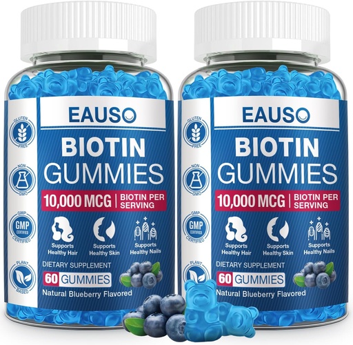 (2 Pack) Vegan Biotin Gummies 10,000mcg for Hair, Skin & Nails - 120 Gummies Vitamin Supplement - Non-GMO, Pectin-Based Formula for Adults